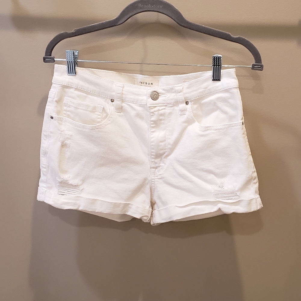 PACSUN The Shortie Mid-Rise Stretch Shorts Size 29 White Lightly Distres…